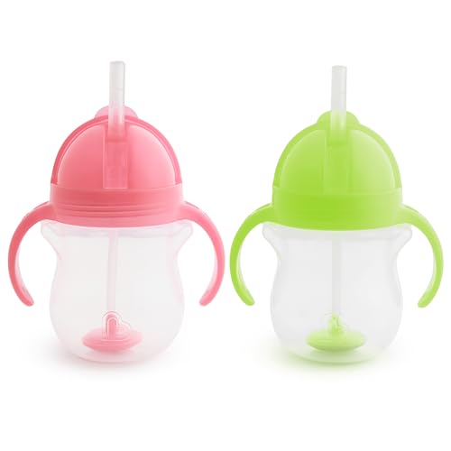 Image of Munchkin® Any Angle™ Weighted Straw Trainer Cup with Click Lock™ Lid, 7 Ounce, 2 Pack, Pink/Green