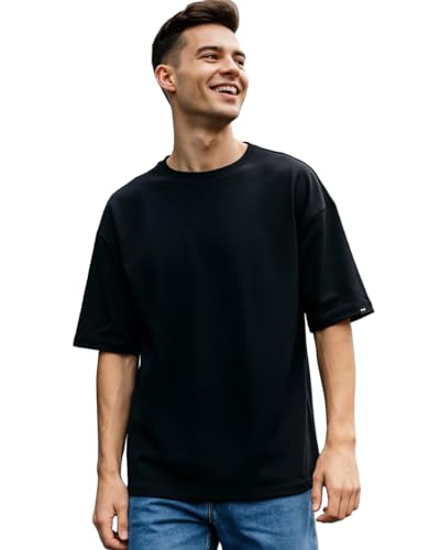 Image of Bewakoof Men's Solid Oversized Fit Half Sleeve Round Neck Cotton T-Shirt