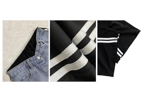 Womens Denim Patchwork Striped Sweatpants Casual Wide Leg Baggy Elastic High Waisted Pants with Pockets4