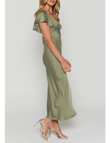 Image of Summer Satin Flutter Sleeve Wedding Guest Dresses for Women Sweetheart Neckline Cutout Tie Back Midi Cocktail Dress