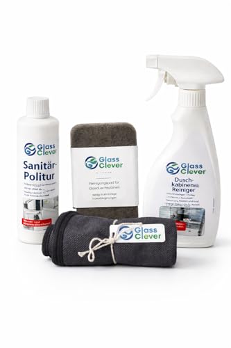 Duschkabinenreiniger - Badreiniger - Set - Sanitär-Politur - Kalkentferner & hartnäckige Ablagerungen - Reinigungspad Spezial + Mikrofasertuch Für Dusche Glas & Armaturen Fuge uvm.
