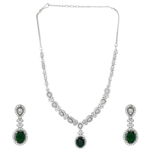 Image of American Diamond Necklace Set | CZ Stones, Rhodium-Plated Finish | Bridal Jewelry with Earrings for Weddings, Parties & Festivals