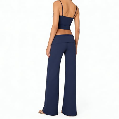 Image of Lounge Yoga Pants for Women Fold Over Low Waist Wide Leg Bell Bottoms | Y2K Foldover Pants, Flare Leggings, Low Rise Yoga Sweatpants