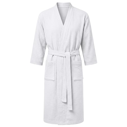 AUYAO Peignoir de Bain Homme et Femme, Peignoir Léger et Doux, Robe de Chambre avec Poches, Ceinture, Sortie de Bain Gaufré Homme, Vêtements de Nuit pour Hommes, Blanc, L
