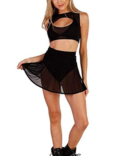 Women's Sheer Mesh Mini Skirts See-Through High Waist Solid Skater Skirt Beach Cover-ups Without Briefs2