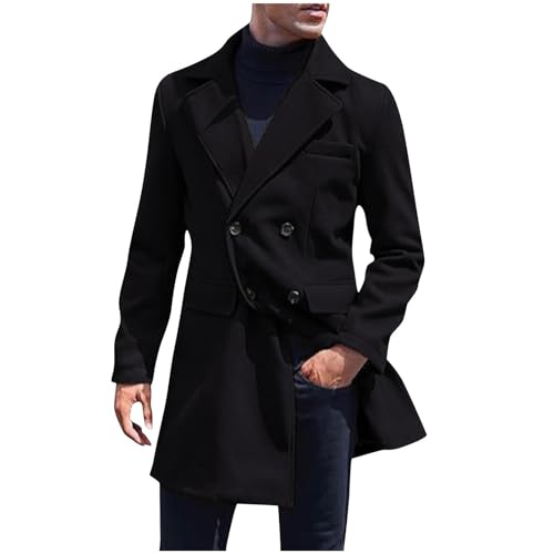 XUNRYAN Mens Wool-Blend Casual Trench Coat Notch Collar Lapel Mid Long Jacket Classic Double Breasted Classic Winter Overcoat