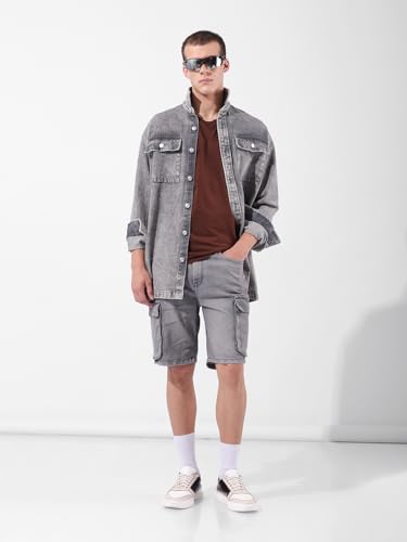 Image of The Indian Garage Co Men Relaxed Fit Solid Mid-Rise Denim Cargo Shorts