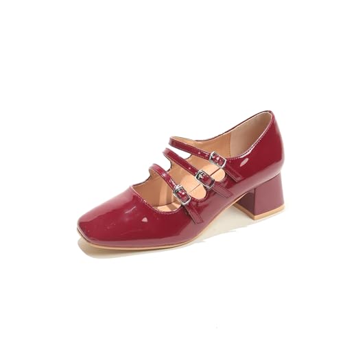 Women's Closed Round Toe Mary Jane Pumps Shoes Adjustable Strap Patent Leather Retro Low Chunky Heels Pump Shoes 1.89 Inch