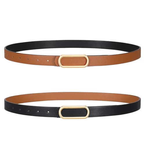 SANSTHS Skinny Reversible Belts for Women, Two-in-one Women Thin Belt for Dresses Jeans Pants with Gold Buckle