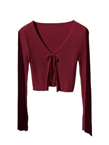 Image of SHENHE Women's Tie Front Crop Knit Rib Top Long Sleeve Shrug Cardigan | Long Sleeve,Lightweight Shrug,Rib Knit,Tie Front,Cropped,Knot Front,Crew Neck,Slim Fit,For Spring