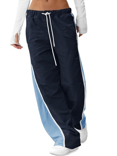 Fisoew Women's Baggy Wide Leg Track Pants Casual Drawstring Elastic Waisted Color Block Workout Y2K Active Pants