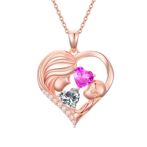 Mother Daughter Necklace Diamond Tourmaline Necklace 18k Rose Gold Heart April October Birthstone Heart Pendant Necklace Anniversary Mom Jewelry Mothers Day Gifts Christmas Birthday Gifts for Women Her Wife Girlfriend