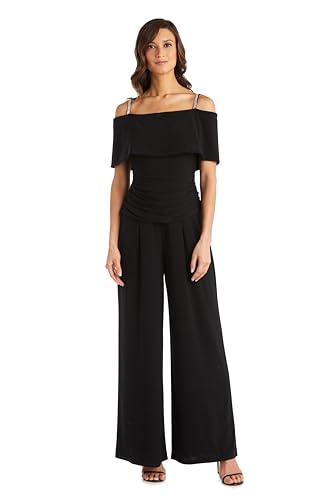 R&M Richards Women's Off-the-Shoulder Ruched Bodice Jumpsuit W/Rhinestone Straps & Wide Legs -...