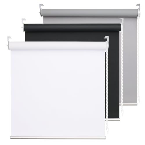 DHSVFCR 100% Blackout Roller Blind UV Blocking Thermal Insulated Fabric Child Safe Easy to Install and Use Fit Bathroom Kitchen Bedroom Home Office Window Cord Control White 20W x 185H cm