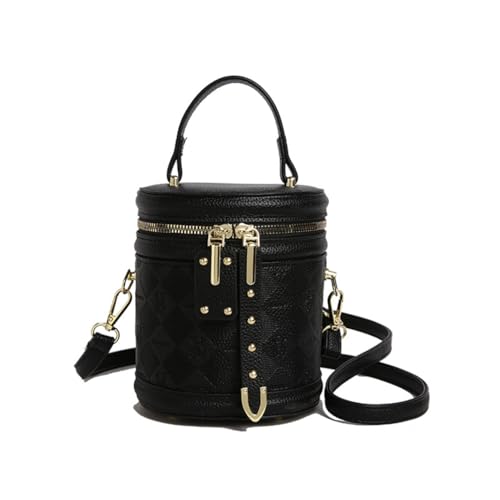 Crossbody Bucket Bags for Women Small Quilted Cylinder Round Purses Shoulder Mini Leather Barrel Top Handle Handbags (Black)