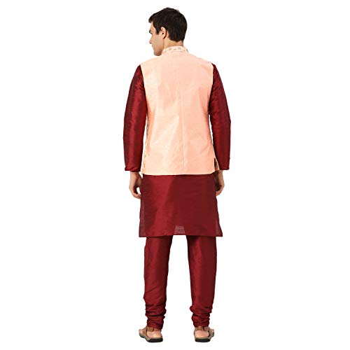 Image of SOJANYA (Since 1958 Men's Cotton Linen Maroon Kurta and White Pyjama with Mustard Cotton Nehru Jacket