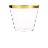 Golden Empire 9oz Gold Rim Party Cups 100 Plastic Fancy Cups Elegant Wedding, Graduation, New Years, Christmas, Birthday Party, Anniversary