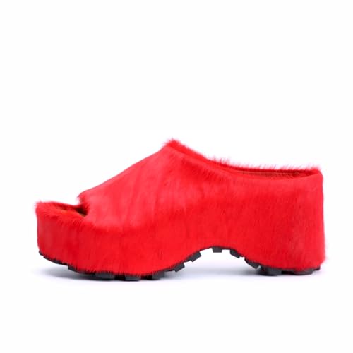 Image of XOBZJH Long-Hair Calfskin Chunky Clog Slide for Women - Memory Foam Luxury Slip on Shoes Women's Mules & Platform Clogs,Designer Mules for Women 2025