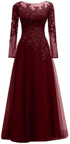 HUINI Tüll Abendkleider Spitze Ballkleider Lang A-Linie Brautjungfernkleider Brautkleid Vintage Festkleid Langarm Dunkler Rost 44