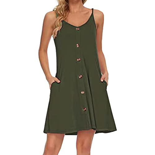 Jupe De Table Bleu Femmes décontracté col Rond été sans Manches Robe Bretelles réglables Boutons Plage Robe d'été Tenue De Soirée Fille