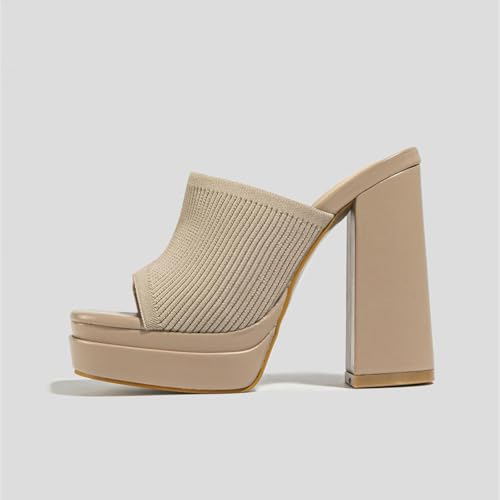 Women's Knit Platform Chunky Heels Fashion Sandals Sexy Square Open Toe Slip-On Block High Heel Slippers Summer Party Dress Mules3
