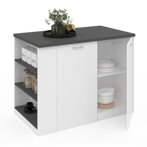 IDMarket - Ilot Central TIBO 120 cm Bois Blanc avec Plan de Travail Gris Anthracite