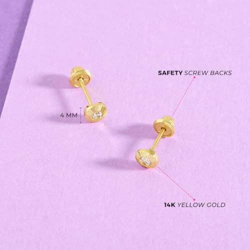 14k Yellow Gold 4mm Clear Cubic Zirconia Round Sunflower Screw Back Earrings for Little Girls - Lovely Flower Screw Back Earrings for Babies, Infants & Toddlers4