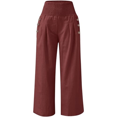 Women Wide Leg Linen Pants Smocked High Waist Stretch Palazzo Pants with Button Pockets Boho Flowy Cotton Beach Pants4