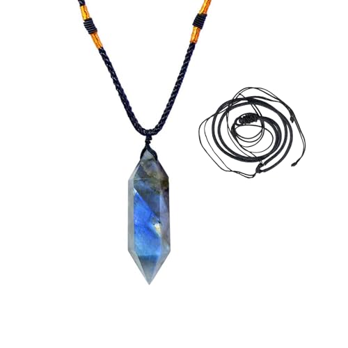 Runyangshi Labradorite Healing Crystal Pendants, Double Pointed Natural Crystal Quartz Necklace 6 Faceted Chakra Crystal Wand Stone