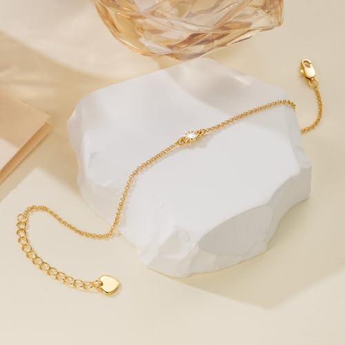 14K Gold Bracelets for Women Thin Gold Bracelets for Women Link Bracelet Simple Style with Solitaire Cubic Zirconia O-Chain Thin Chain Bracelet for Womens Adjustable Size (7-8.6) in3