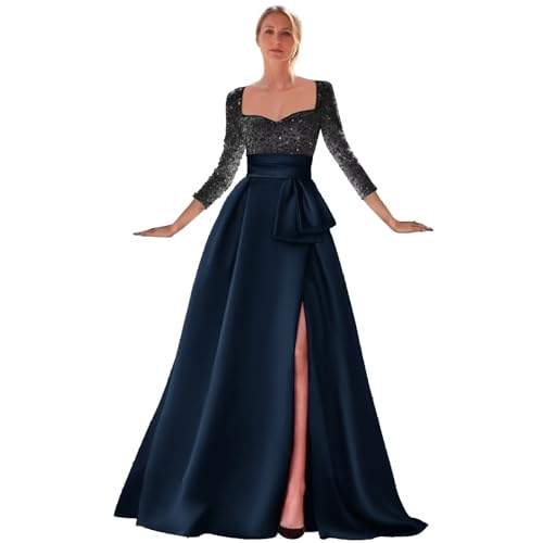 Long Sleeve Ball Gown for Women Sweetheart Satin Prom Dress Long Slit Sequin Formal Evening Gown Corset