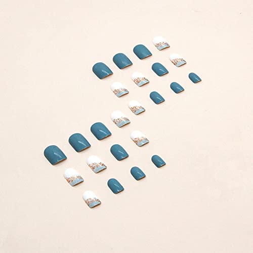 Press On Nails Glossy Squoval False Nails White And Egg Blue Acrylic Nails With Gold Glitter Fake Nails For Women And Girls 24Pcs Kit #TOP2