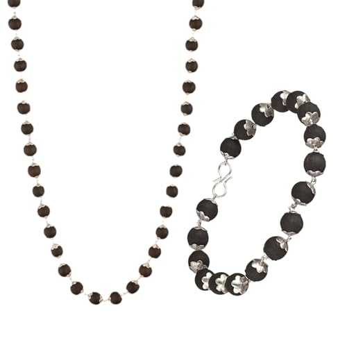 Image of Japam Original Karungali Mala 54+1 Beads & Karungali Bracelet Combo | Lab Tested Black Ebony Wood (Karungali Malai) | Silver Cap Spiritual Beads for Meditation, Pooja, Healing | Men & Women