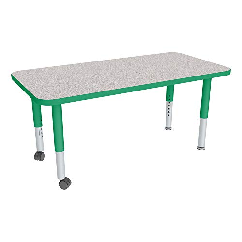 Image of Sprogs Adjustable Height Mobile Classroom Activity Table for Preschools, Rectangle Preschool Activity Table with Casters, 24 inchL x 48 inchW x 23 inchH, Gray /Green