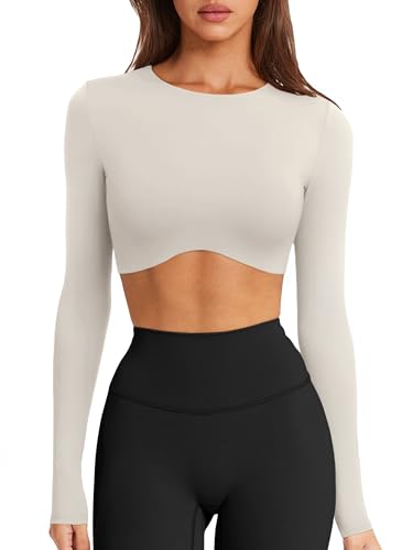 LASLULU Double Lined Long Sleeve Crop Tops for Women Crew Neck Workout Gym Shirts Slim Fit Pilates Athletic Casual Sexy Tops(Vanilla Medium)