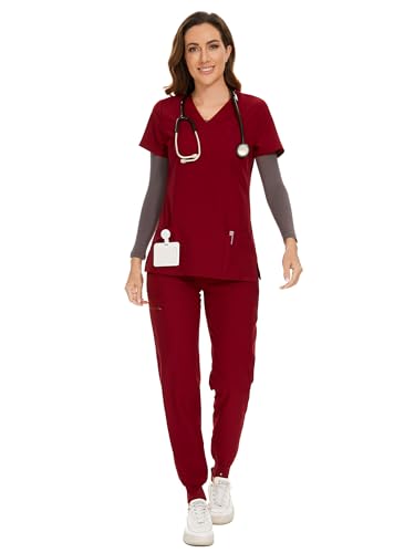 COZYFIT Scrubs for Women Set - Stretch V-Neck Scrub Top & Jogger Pant with 8 Pockets, Yoga Waistband, Anti Wrinkle, Slim Fit Women Scrubs