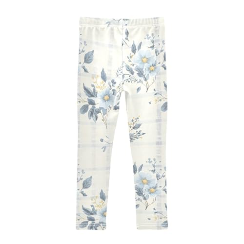 Pastel Blue Flowers Plaid Design Girls Leggings Soft Stretch Workout Yoga Dance Pants for Kids Casual Tights2