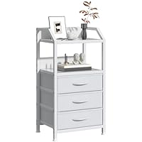 GoaHi Bedside Table, Nightstands with 3 Fabric Drawers and Open Shelf, Modern Sofa End Tables with Wood Top and Metal Frame for Bedroom, Living Room, Small Spaces,White