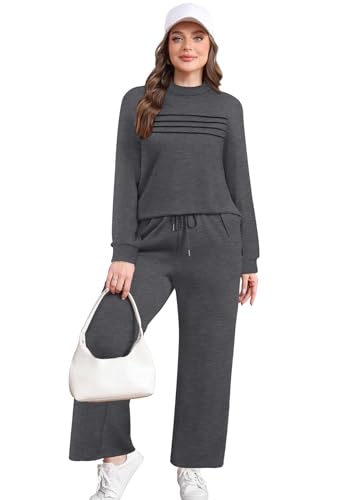 Image of WIHOLL Two Piece Sets for Women Fall Travel Vacation Outfits 2026 Long Sleeve Lounge Sets Side Slit Wide Leg Pants XS-3XL