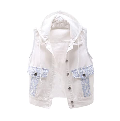 Gilet vintage à capuche en jean blanc XXL : confort de mi-saison