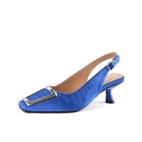 SICARE Salto gatinho Slingback feminino fechado bico quadrado salto baixo com fivela de metal tira no tornozelo sandálias de salto sapatos sociais para encontros de trabalho uso diário, Azul, 41