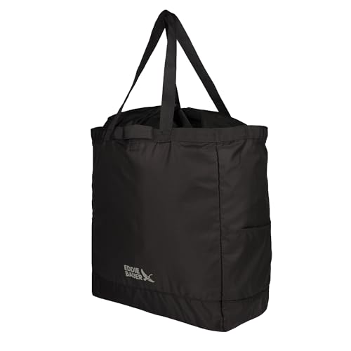Eddie Bauer Stowaway Packable Tote Bag | Reusable | Travel | Lightweight | Compact | Foldable | Large Capacity | Ripstop Nylon | 25L - Onyx Black