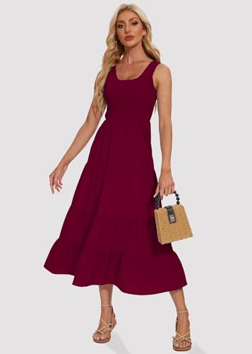 Image of Women's Summer Smocked Maxi Dresses Sleeveless U Neck Ruffle Hem Tiered A Line Flowy Dress