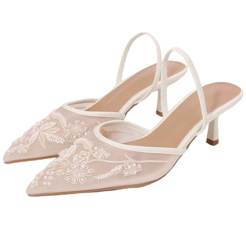 YIYA Women's White Embroidered Mesh Slingback Wedding Bridal Heels Closed Pointed Toe Stiletto Pearl Kitten Heels Party Dress Pumps Shoes