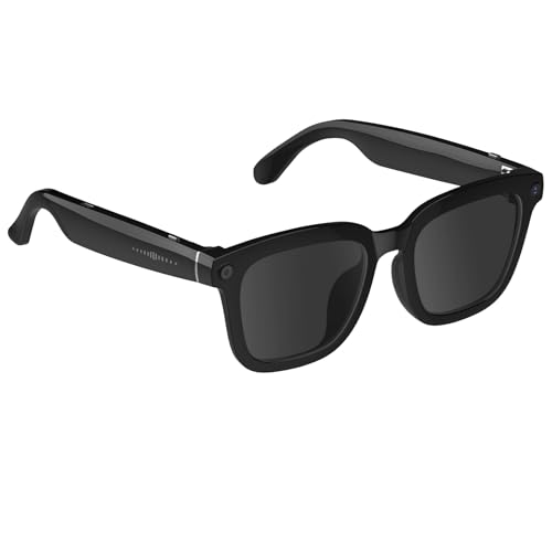 Smart eyewear featuring sleek black design, integrated camera, and Bluetooth connectivity, highlighting advanced technology for modern users.