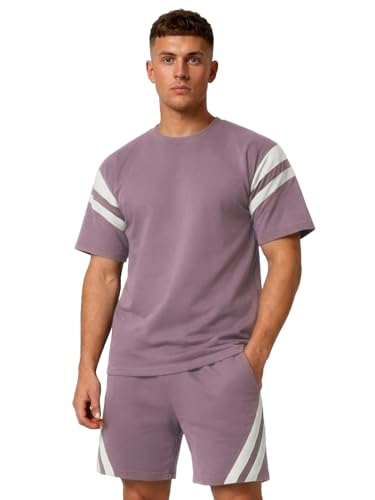 Image of CHKOKKO Men's Co-Ord Set Premium Cotton Blend Oversized T-Shirt & Shorts Cord Set with Side Pockets Round Neck Half Sleeves Solid with Contrasting Stripes Summer or Casual Wear