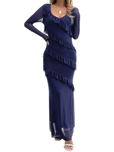 Womens Long Sleeve Mesh Bodycon Dress 2025 Fall Wedding Guest Cocktail Maxi Dresses2