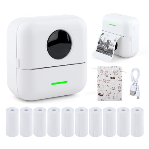 QLoztyse Mini stampante adesiva - Piccola stampante adesiva con 10 rotoli di carta, stampante termica portatile senza inchiostro per foto, immagini, etichette, note, compatibile con telefono