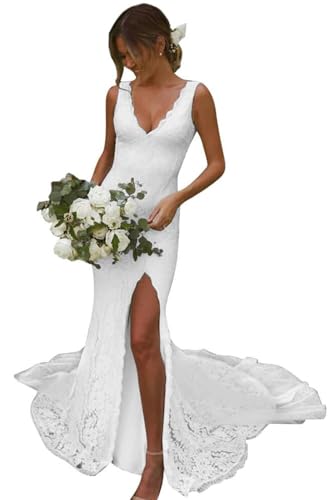 Lace Appliques Wedding Dresses with Slit for Bride V Neck Mermaid Beach Bridal Gowns for Women