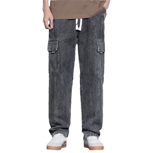Men's Loose Pocket Straight-Leg Work Jeans, Elastic Waist Drawstring Casual Pants